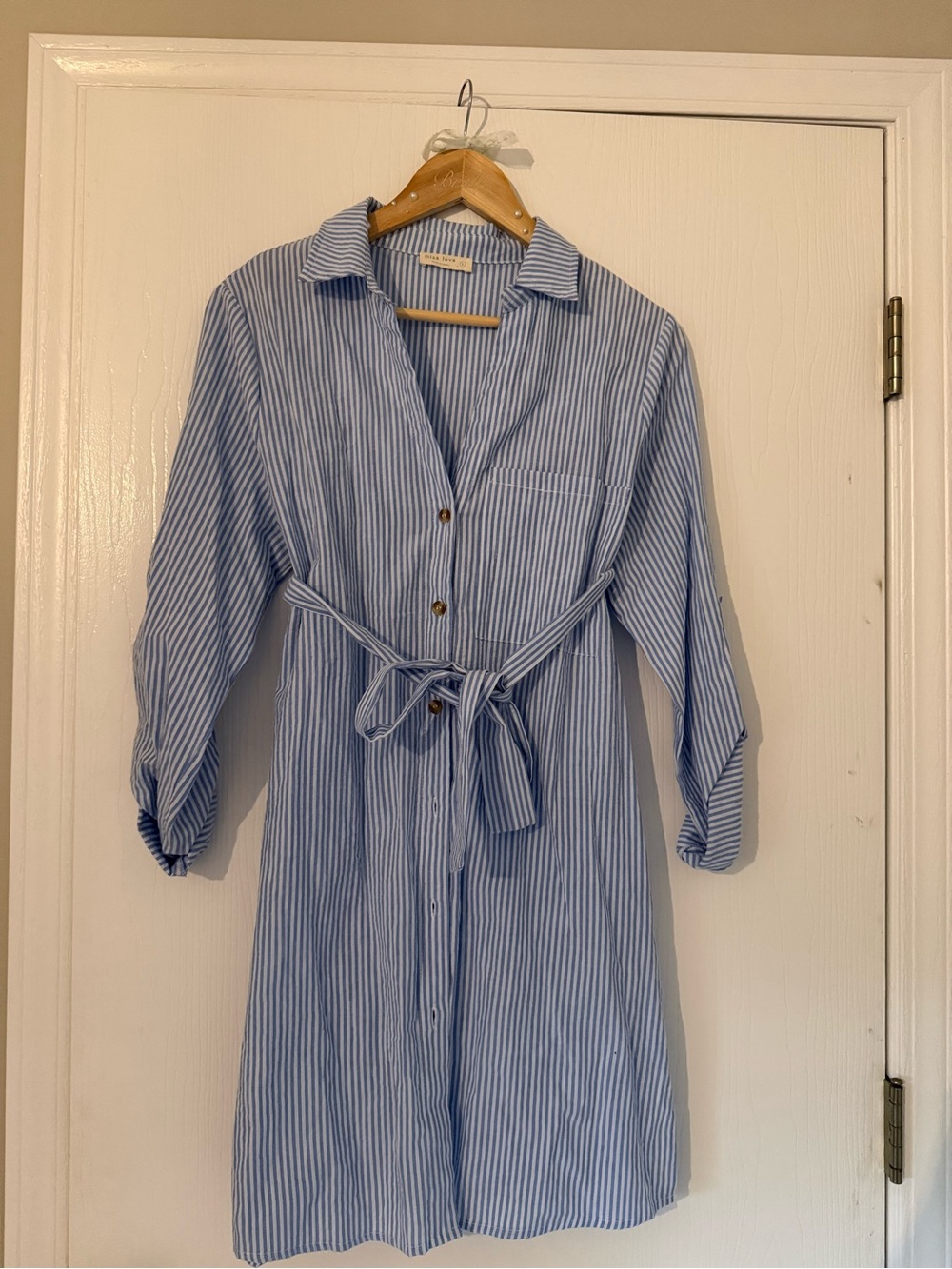 Blue and White Striped Tie-Waist Shirt Dress